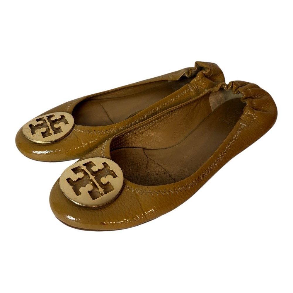 Tory Burch Mustard Patent Leather Logo Ballet Flats